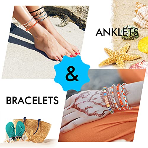 Henoyso 57 Pieces Surfer Strand Wave, Braided Stretch Friendship Woven Rope Bracelets Adjustable Waterproof Handmade Wax Wrap Anklet Sunflower Beach Bracelets for Girls Women (Summer Style)