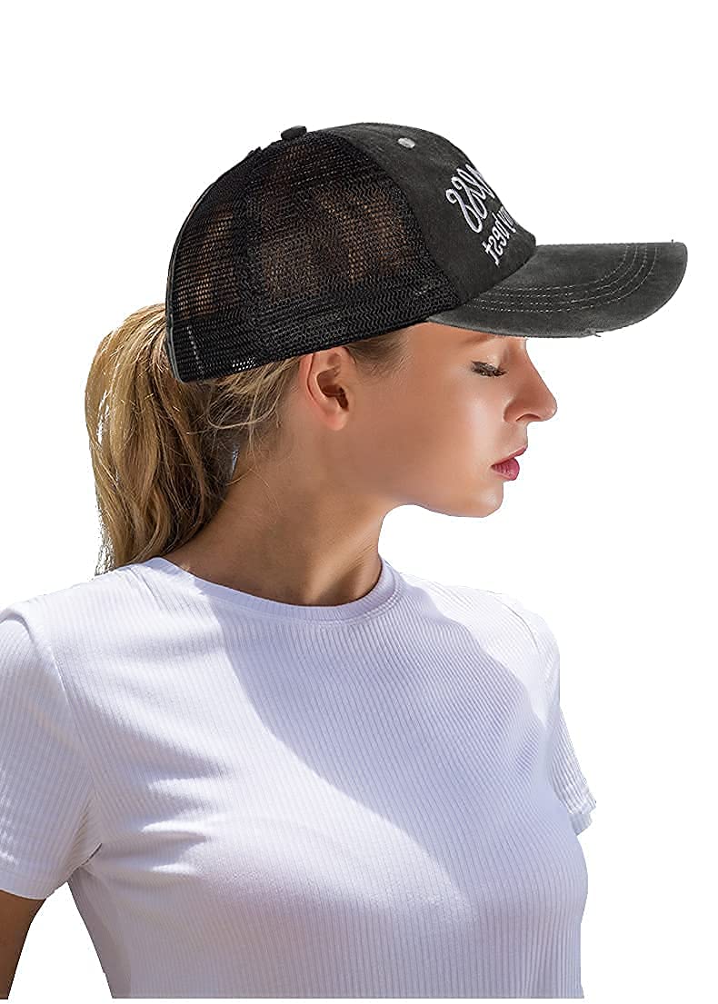 FADACHY Hot Mess Baseball Cap Women Ponytail Hat Black Messy Bun Hat Adjustable Trucker Hat Ponytail Hat