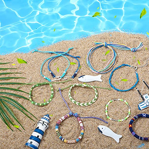 Henoyso 57 Pieces Surfer Strand Wave, Braided Stretch Friendship Woven Rope Bracelets Adjustable Waterproof Handmade Wax Wrap Anklet Sunflower Beach Bracelets for Girls Women (Summer Style)