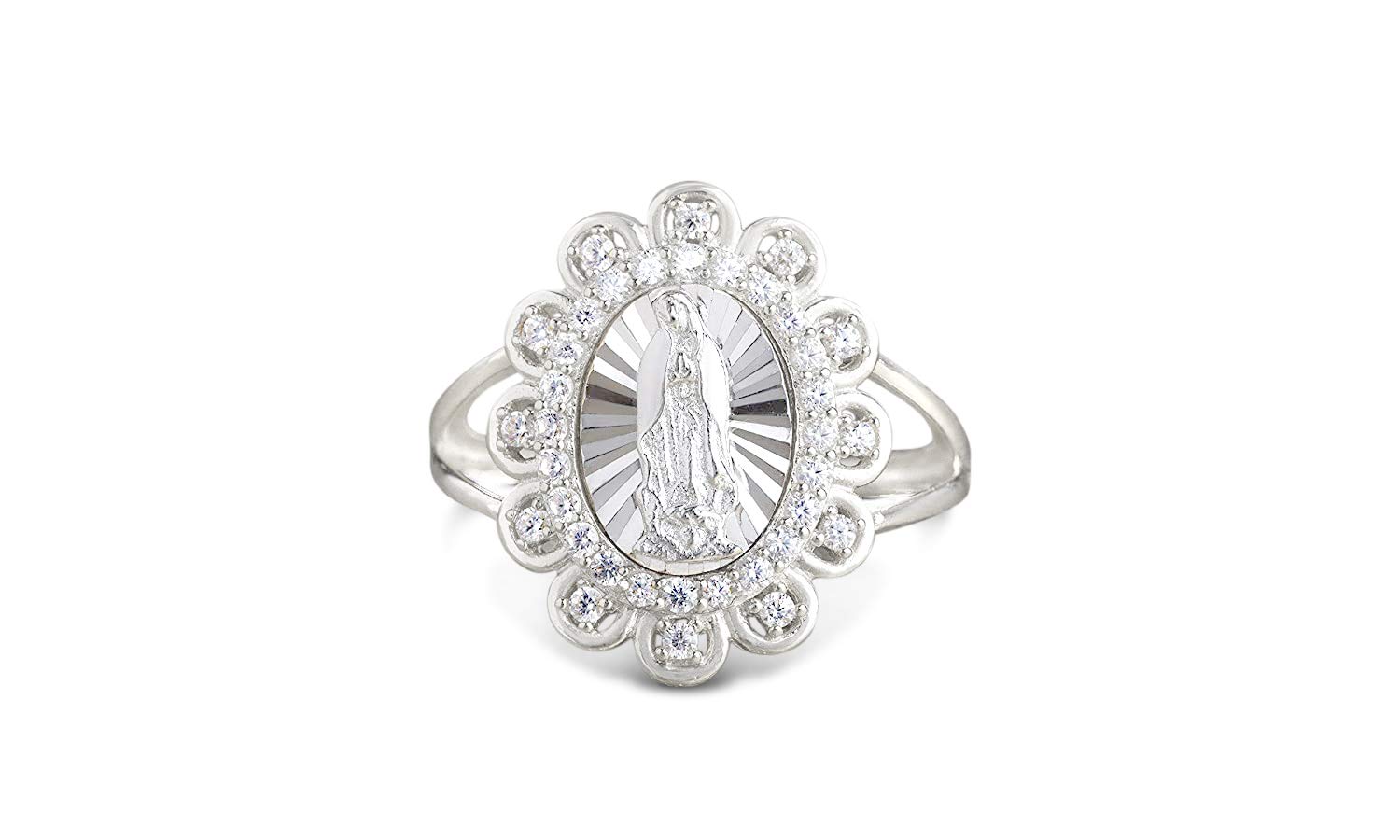 Savlano 18K White Gold Plated Oval Lady of Guadalupe Virgin Mary with Round Cut Cubic Zirconia Women Religious Floral Ring (7)