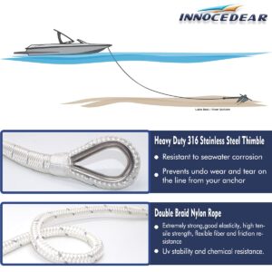 INNOCEDEAR Double Braided Nylon Anchor Rope(White Reflective, 3/8" x 100',1/2" 150') Anchor Line/Boat Anchor Rope with Stainless Steel Thimble, Quality Marine Rope, Boat Accessories