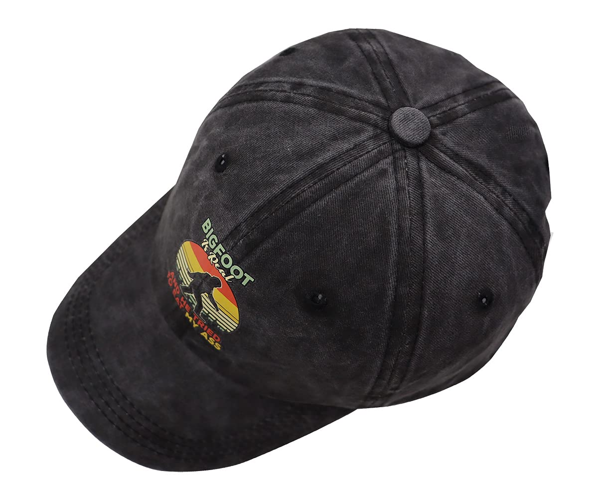 Bigfoot is Real and He Tried to Eat Hat, Funny Sasquatch Gifts for Men Women, Adjustable Vintage Denim Dad Baseball Cap (Bigfoot is Real and He Tried to Eat My Ass-Black, One Size)