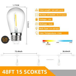 96FT(48×2) LED Outdoor String Lights for Patio with Waterproof Shatterproof Dimmable 2700K Warm White Bulbs, E26 15 Sockets, White Wire Commercial Grade Hanging Lights for Porch Cafe Backyard