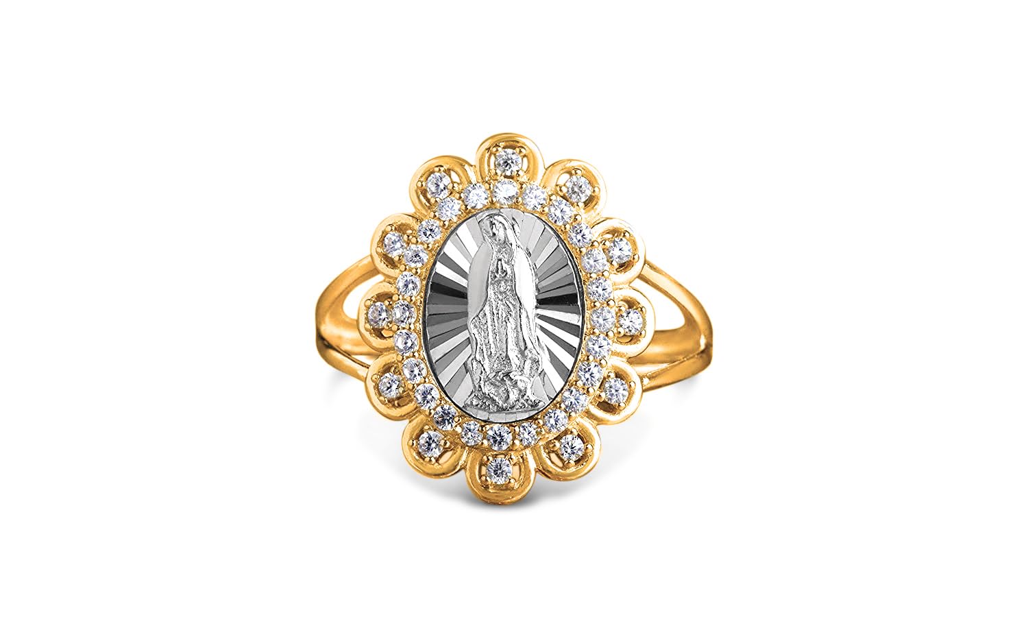 Savlano 18K Yellow & White Gold Plated Oval Lady of Guadalupe Virgin Mary with Round Cut Cubic Zirconia Women Religious Floral Ring (8)