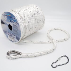 INNOCEDEAR Double Braided Nylon Anchor Rope(White Reflective, 3/8" x 100',1/2" 150') Anchor Line/Boat Anchor Rope with Stainless Steel Thimble, Quality Marine Rope, Boat Accessories