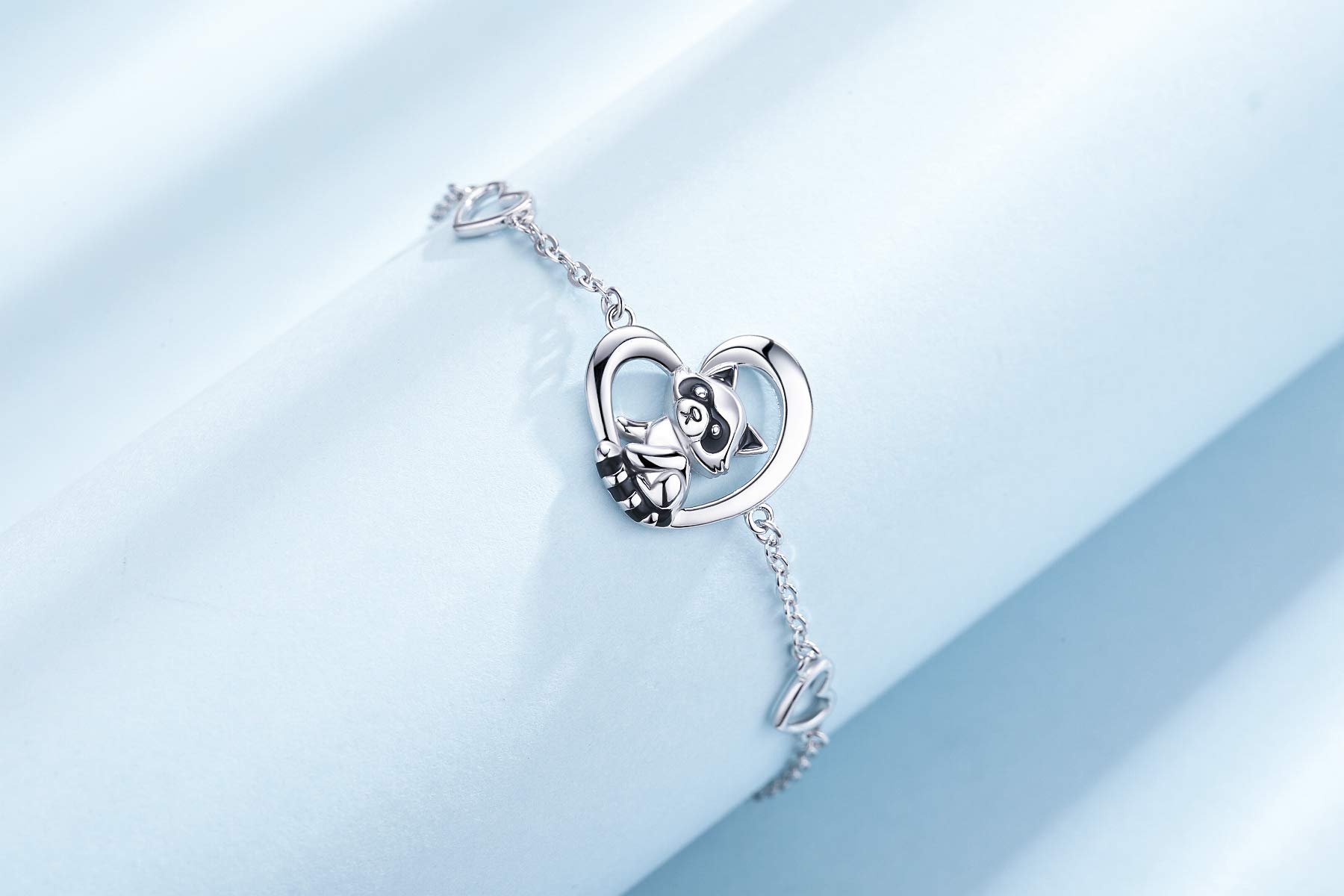 CHENGHONG Raccoon Bracelet Gifts 925 Sterling Silver Heart Charm Bracelet Raccoon Bracelet Animal Jewelry Gifts For Women