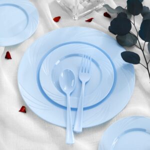 YOUBET 125Pieces Blue Plastic Plates - Blue plates with Blue Silverware Disposable - Include 25 Dinner Plates 25 Dessert Plates 25 Forks 25 Knives 25 Spoons for Birthday Parties &Wedding