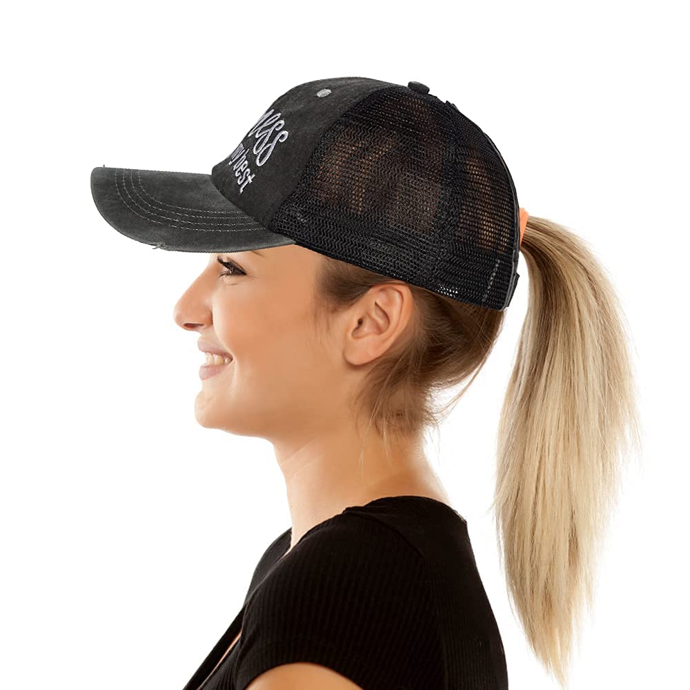 FADACHY Hot Mess Baseball Cap Women Ponytail Hat Black Messy Bun Hat Adjustable Trucker Hat Ponytail Hat