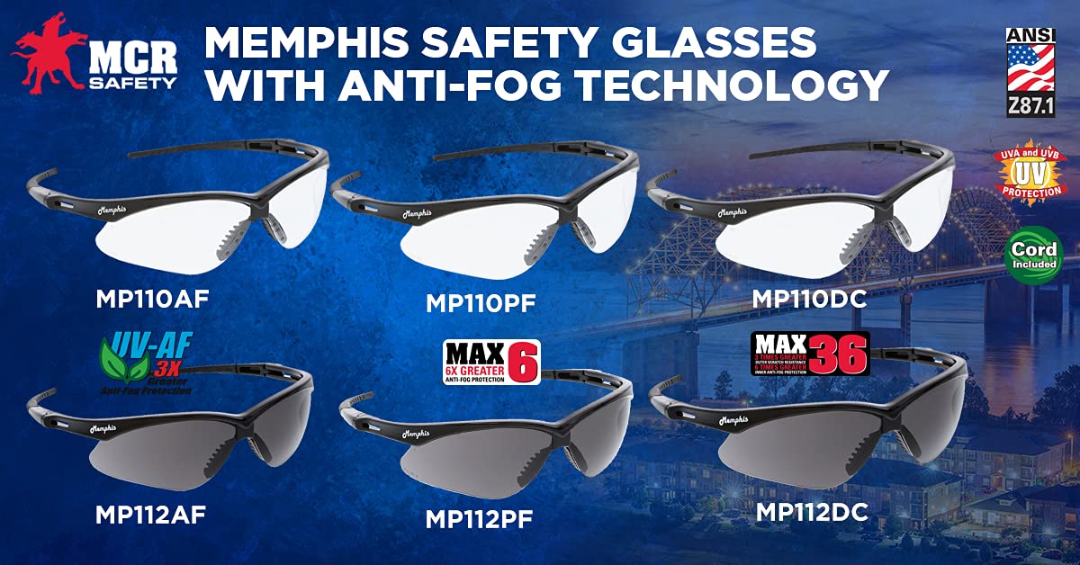 MCR Safety MP110AF Memphis MP1 Series Safety Glasses with Clear Lenses, UV-AF Antifog Coating Protection, Wrap Around Design, Black Frame, 1-Pair