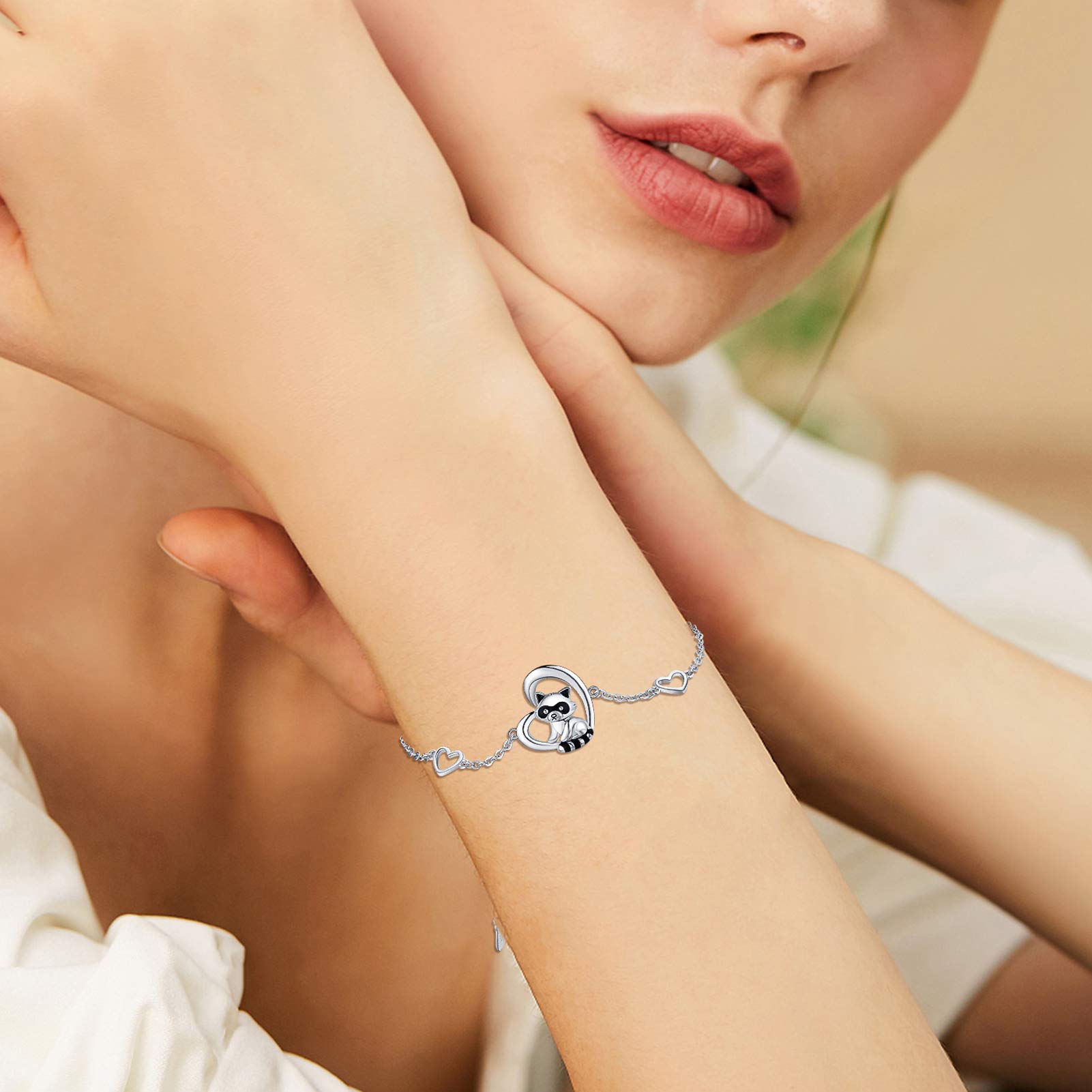 CHENGHONG Raccoon Bracelet Gifts 925 Sterling Silver Heart Charm Bracelet Raccoon Bracelet Animal Jewelry Gifts For Women