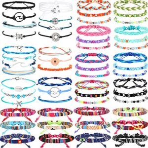 henoyso 57 pieces surfer strand wave, braided stretch friendship woven rope bracelets adjustable waterproof handmade wax wrap anklet sunflower beach bracelets for girls women (summer style)