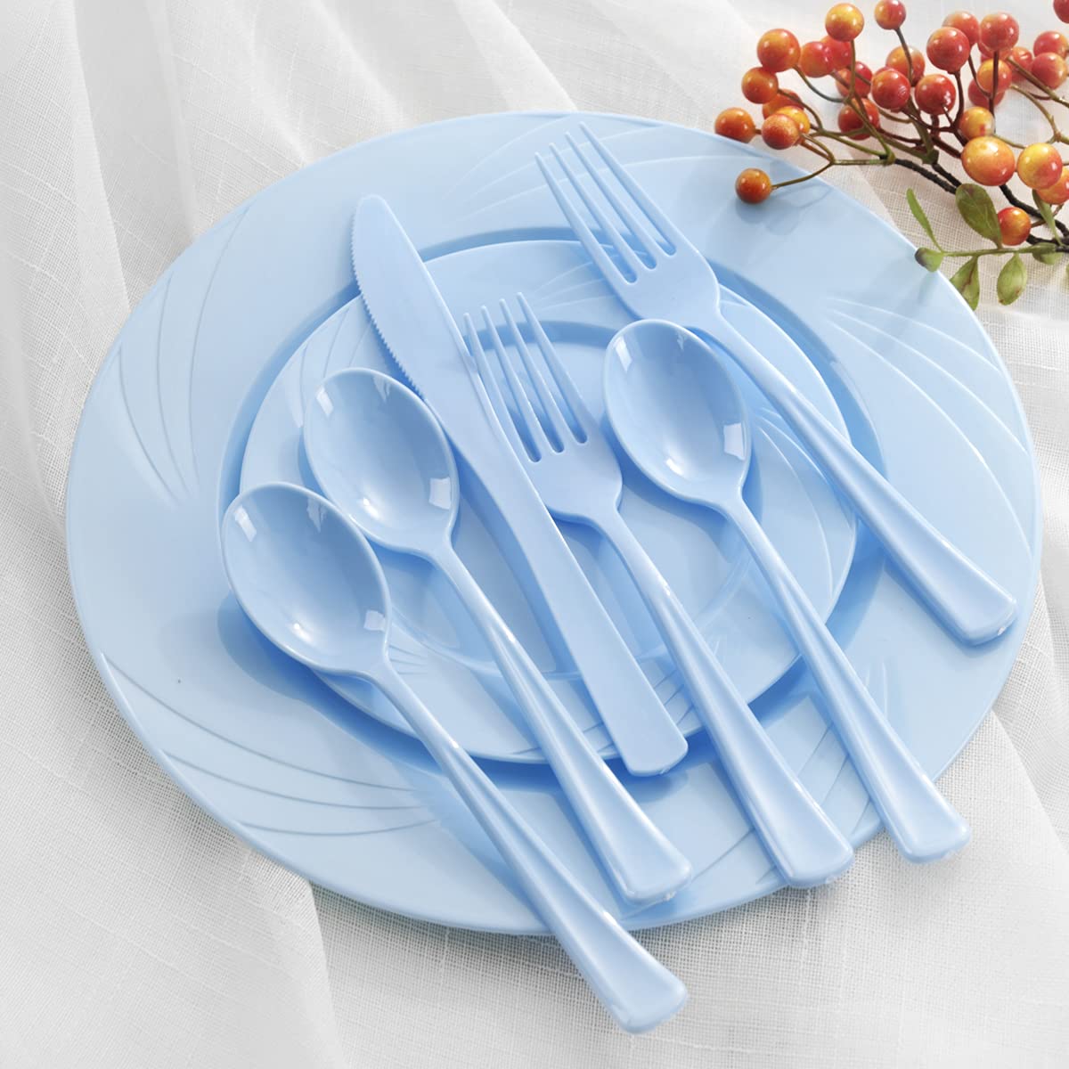 YOUBET 125Pieces Blue Plastic Plates - Blue plates with Blue Silverware Disposable - Include 25 Dinner Plates 25 Dessert Plates 25 Forks 25 Knives 25 Spoons for Birthday Parties &Wedding