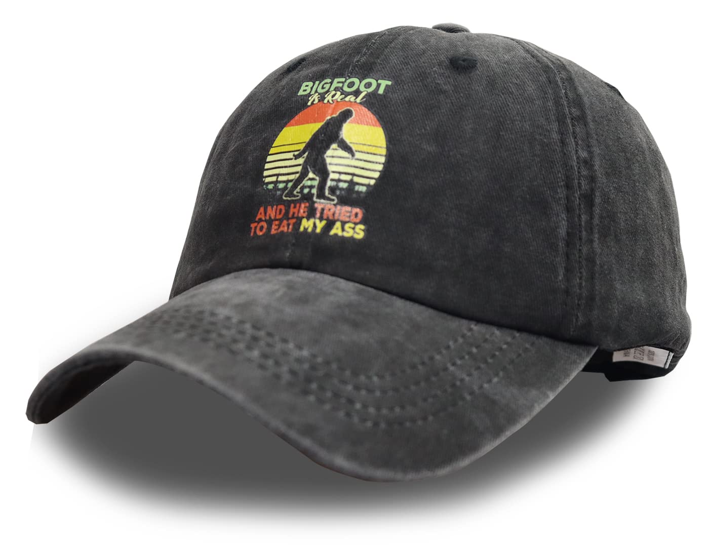 Bigfoot is Real and He Tried to Eat Hat, Funny Sasquatch Gifts for Men Women, Adjustable Vintage Denim Dad Baseball Cap (Bigfoot is Real and He Tried to Eat My Ass-Black, One Size)