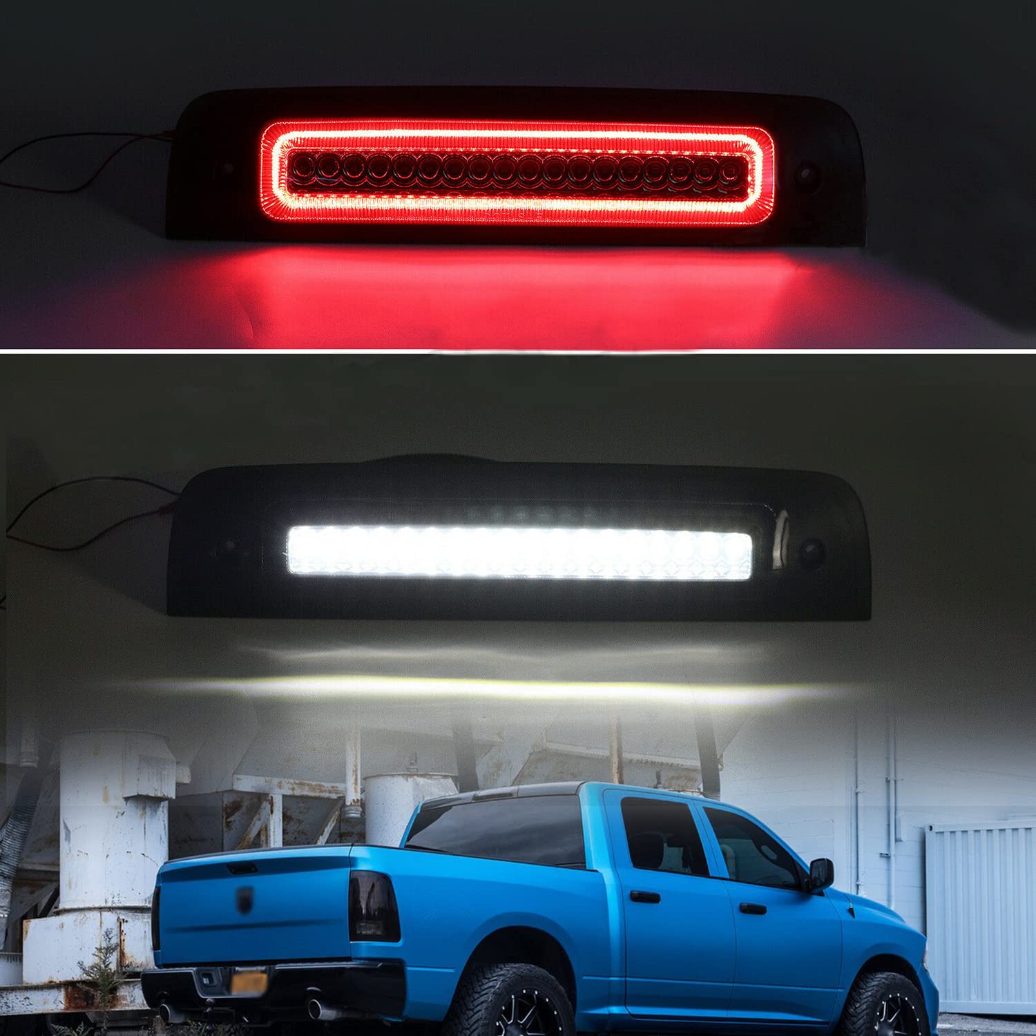 NSLUMO Led Third Brake Light for 2009-2018 Dodge Ram 1500 2500 3500 Pickup Red LED Strobe High Mount Stop Light White Cargo Light Smoke Lens Replace OEM 55372082AF