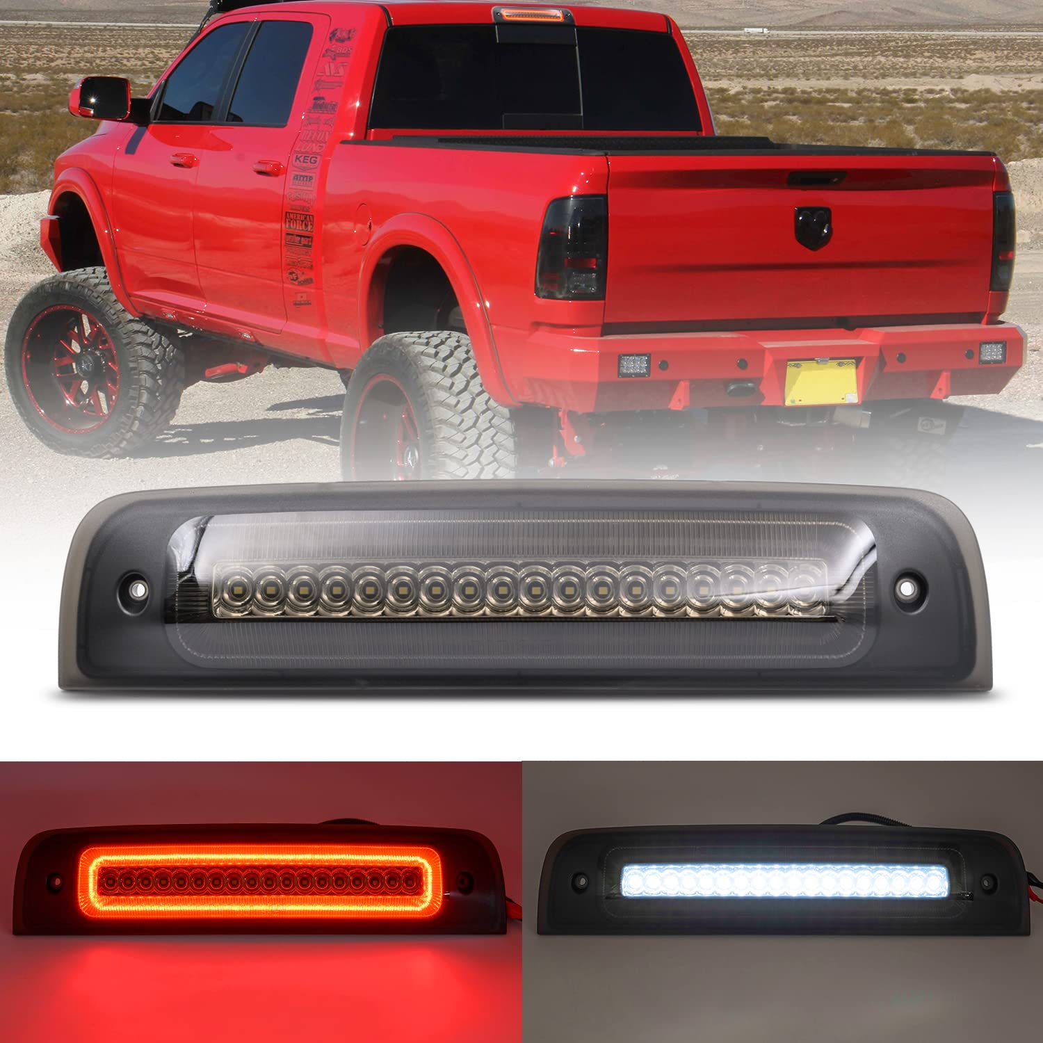 NSLUMO Led Third Brake Light for 2009-2018 Dodge Ram 1500 2500 3500 Pickup Red LED Strobe High Mount Stop Light White Cargo Light Smoke Lens Replace OEM 55372082AF