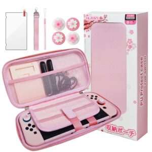 hlrao pink bag compatible with nintendo switch(not oled/lite), sakura-design shell, solid portable storage bag, shockproof, with hd glass screen protector, and 4 sakura thumb grip caps.