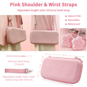 HLRAO Pink Bag Compatible with Nintendo Switch(NOT OLED/Lite), Sakura-Design Shell, Solid Portable Storage Bag, Shockproof, with HD Glass Screen Protector, and 4 Sakura Thumb Grip Caps.