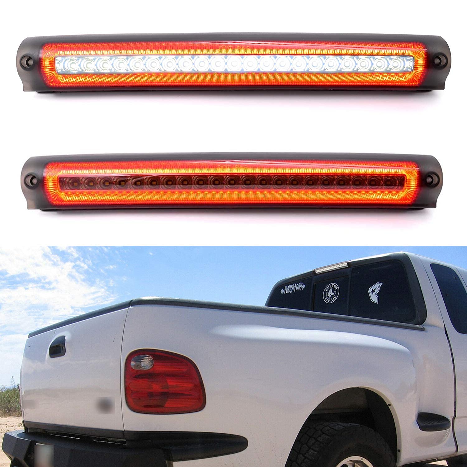 NSLUMO Led Third Brake Light Replacement for 1997-2003 F150 F250 2000-2005 F'ord Excursion Euro Smoked Lens Red LED Strobe 3rd Brake Center High Mount Stop Lamp White Cargo Light Kit OEM FO2890102