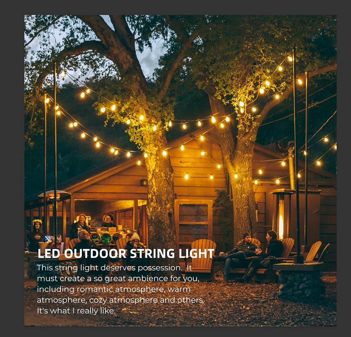 96FT(48×2) LED Outdoor String Lights for Patio with Waterproof Shatterproof Dimmable 2700K Warm White Bulbs, E26 15 Sockets, White Wire Commercial Grade Hanging Lights for Porch Cafe Backyard