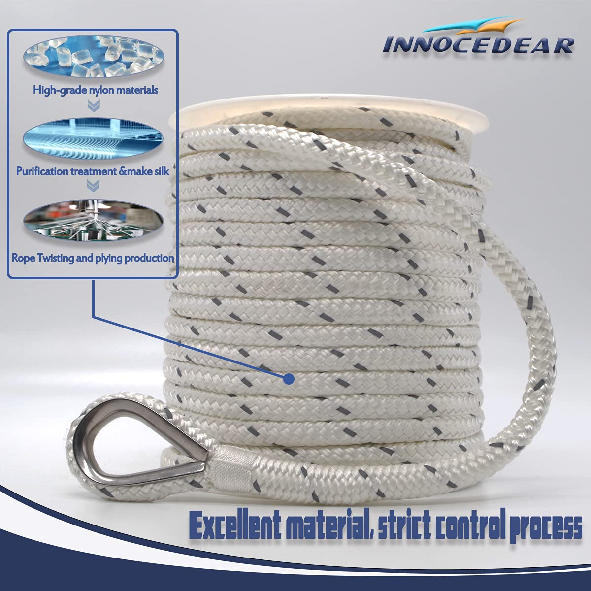 INNOCEDEAR Double Braided Nylon Anchor Rope(White Reflective, 3/8" x 100',1/2" 150') Anchor Line/Boat Anchor Rope with Stainless Steel Thimble, Quality Marine Rope, Boat Accessories