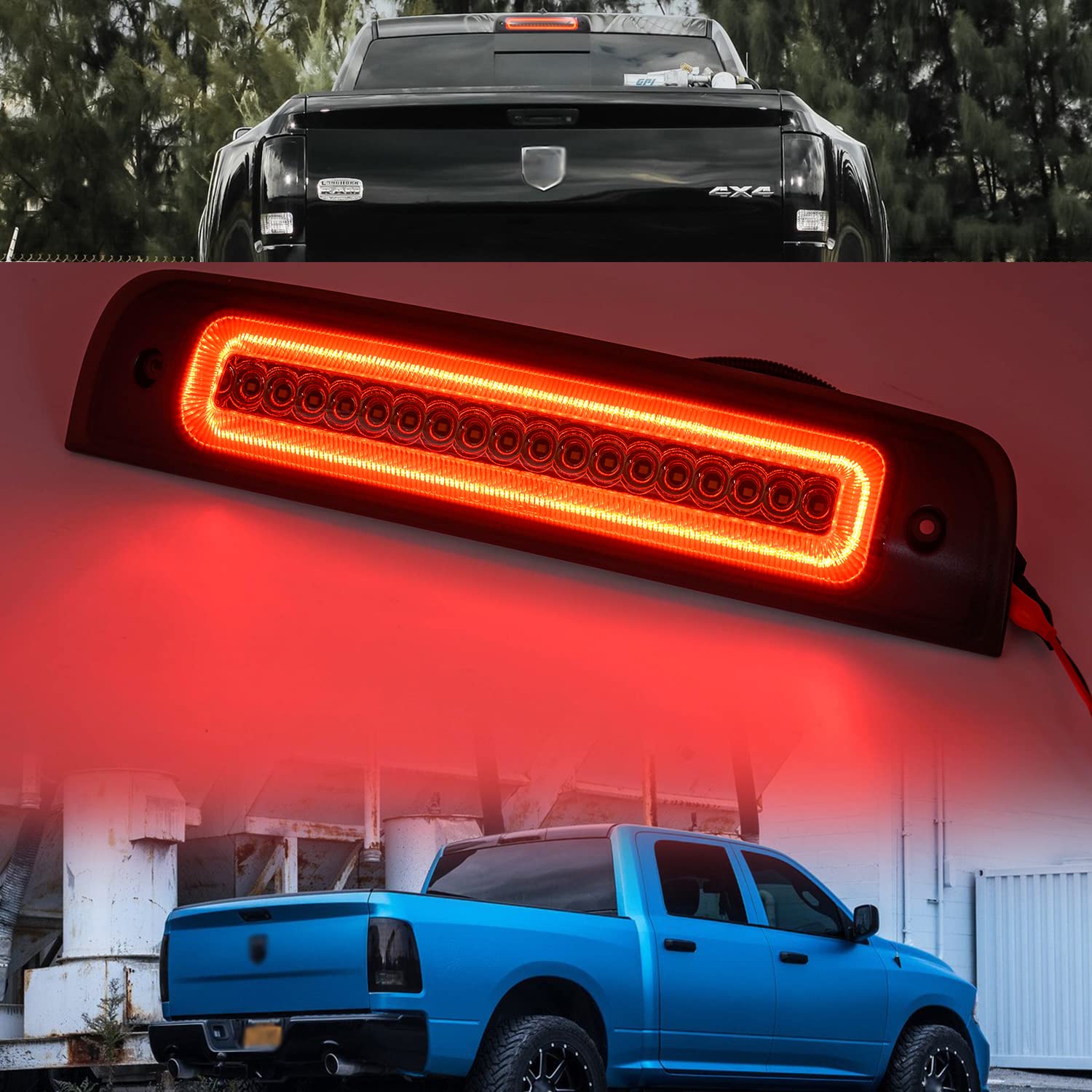 NSLUMO Led Third Brake Light for 2009-2018 Dodge Ram 1500 2500 3500 Pickup Red LED Strobe High Mount Stop Light White Cargo Light Smoke Lens Replace OEM 55372082AF