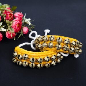 Tengru Kathak Ghungroo Pad 2 Line (20+20) 16 No Bells Indian Professional Handmade Dancing Big Bells Pair Classical Dance Accessories I Anklet for Kids and Adults (TG-Yellow 2 Line)