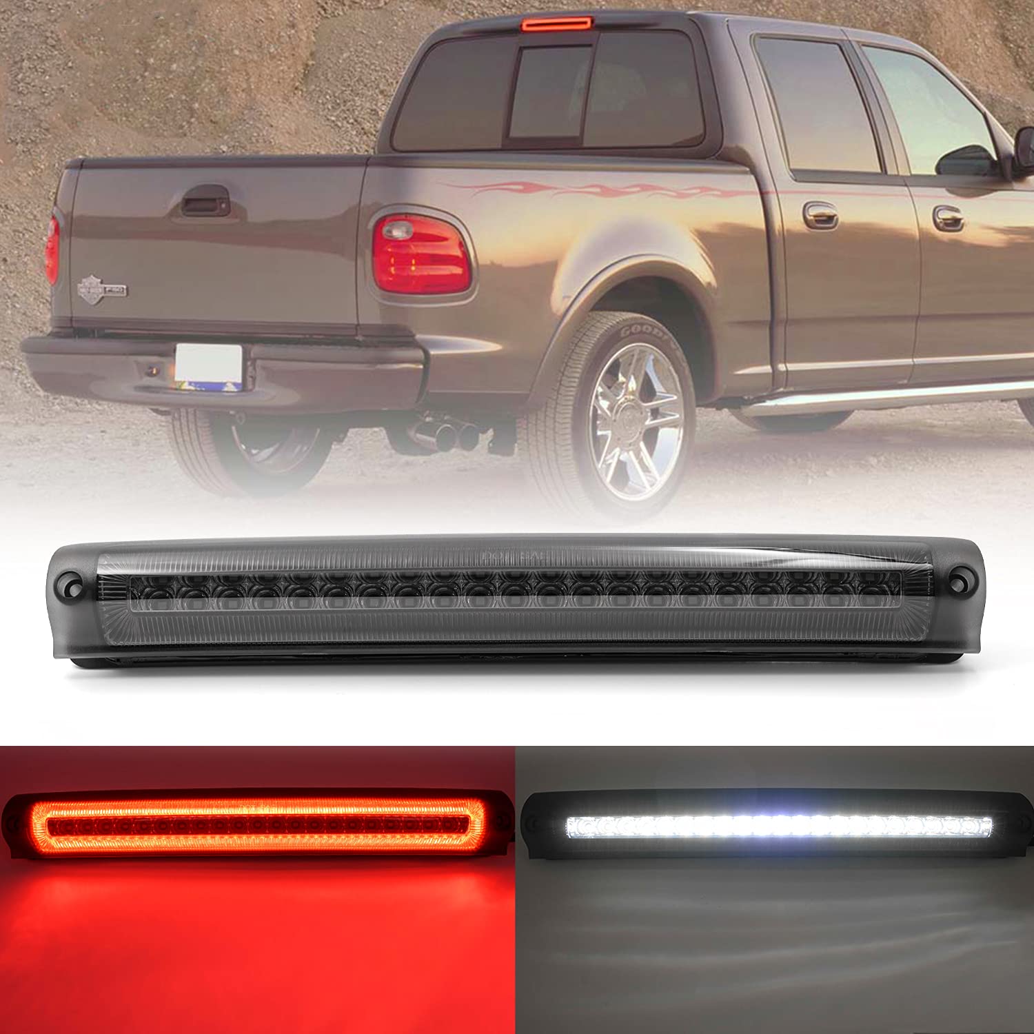 NSLUMO Led Third Brake Light Replacement for 1997-2003 F150 F250 2000-2005 F'ord Excursion Euro Smoked Lens Red LED Strobe 3rd Brake Center High Mount Stop Lamp White Cargo Light Kit OEM FO2890102