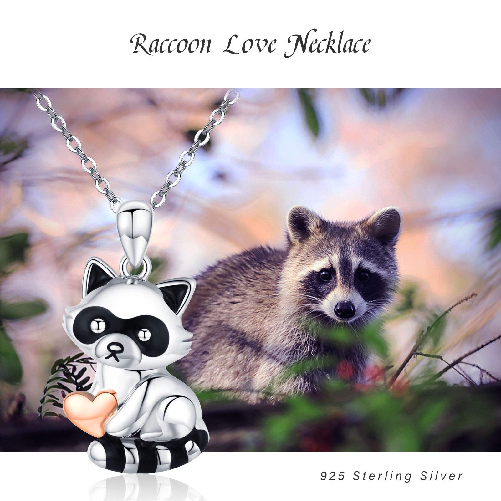 CHENGHONG Raccoon Necklace 925 Sterling Silver Cute Animal Necklace Heart Raccoon Pendant Necklace Raccoon Jewelry Gifts for Women Mom