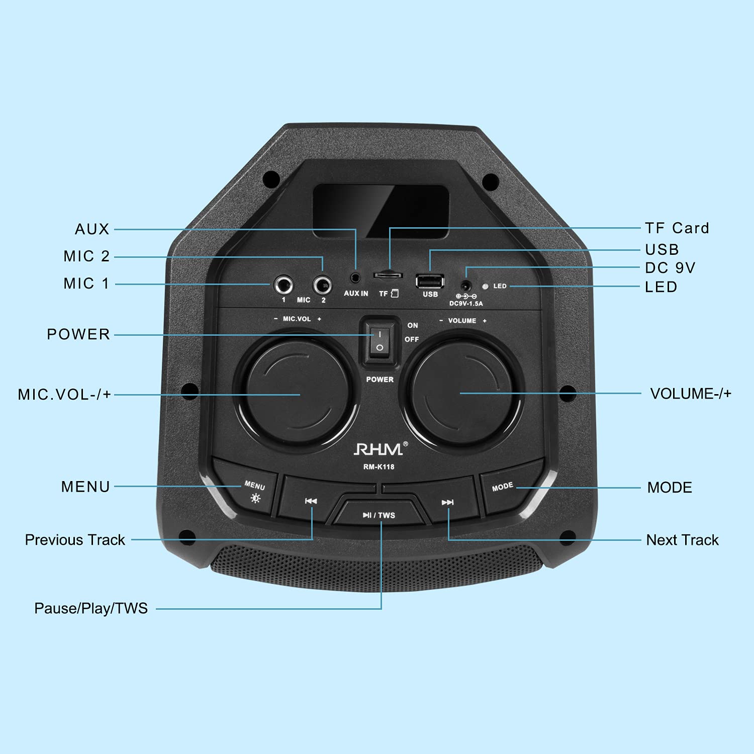 RHM K118 Karaoke Machine with LED Light for 8 Colors Change, Two Wireless Microphones, Support 2 Extra Wire Microphones Connection/TWS/Bluetooth/AUX/USB/REC/TF Card for Home/Party/Camping/Outdoor