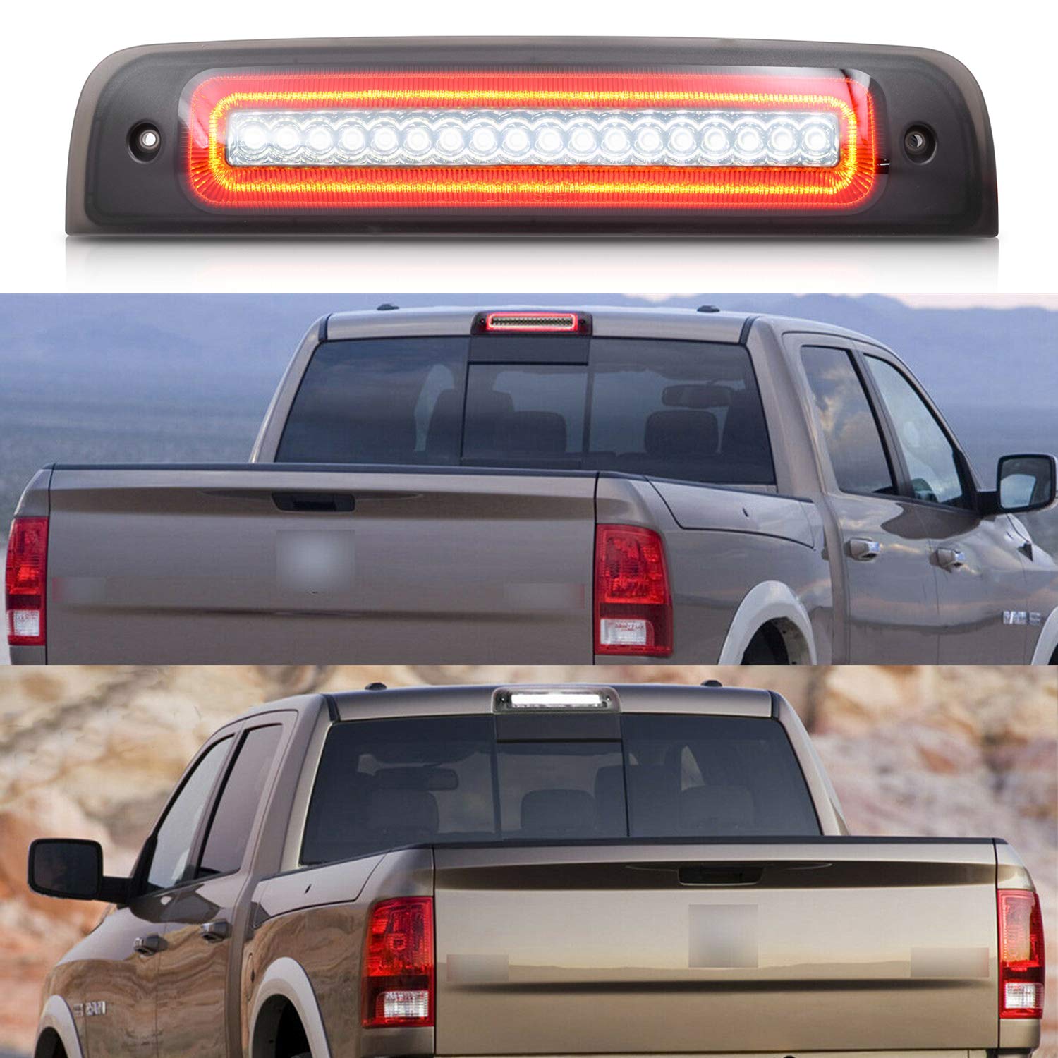 NSLUMO Led Third Brake Light for 2009-2018 Dodge Ram 1500 2500 3500 Pickup Red LED Strobe High Mount Stop Light White Cargo Light Smoke Lens Replace OEM 55372082AF