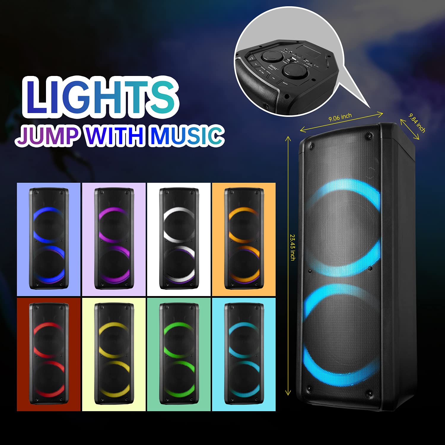 RHM K118 Karaoke Machine with LED Light for 8 Colors Change, Two Wireless Microphones, Support 2 Extra Wire Microphones Connection/TWS/Bluetooth/AUX/USB/REC/TF Card for Home/Party/Camping/Outdoor