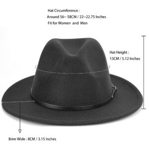 Felt Fedora Hat Womens Classic Hat Wide Brim Jazz Hat with Belt Buckle (Black with Black Belt, Medium (22"-23"))