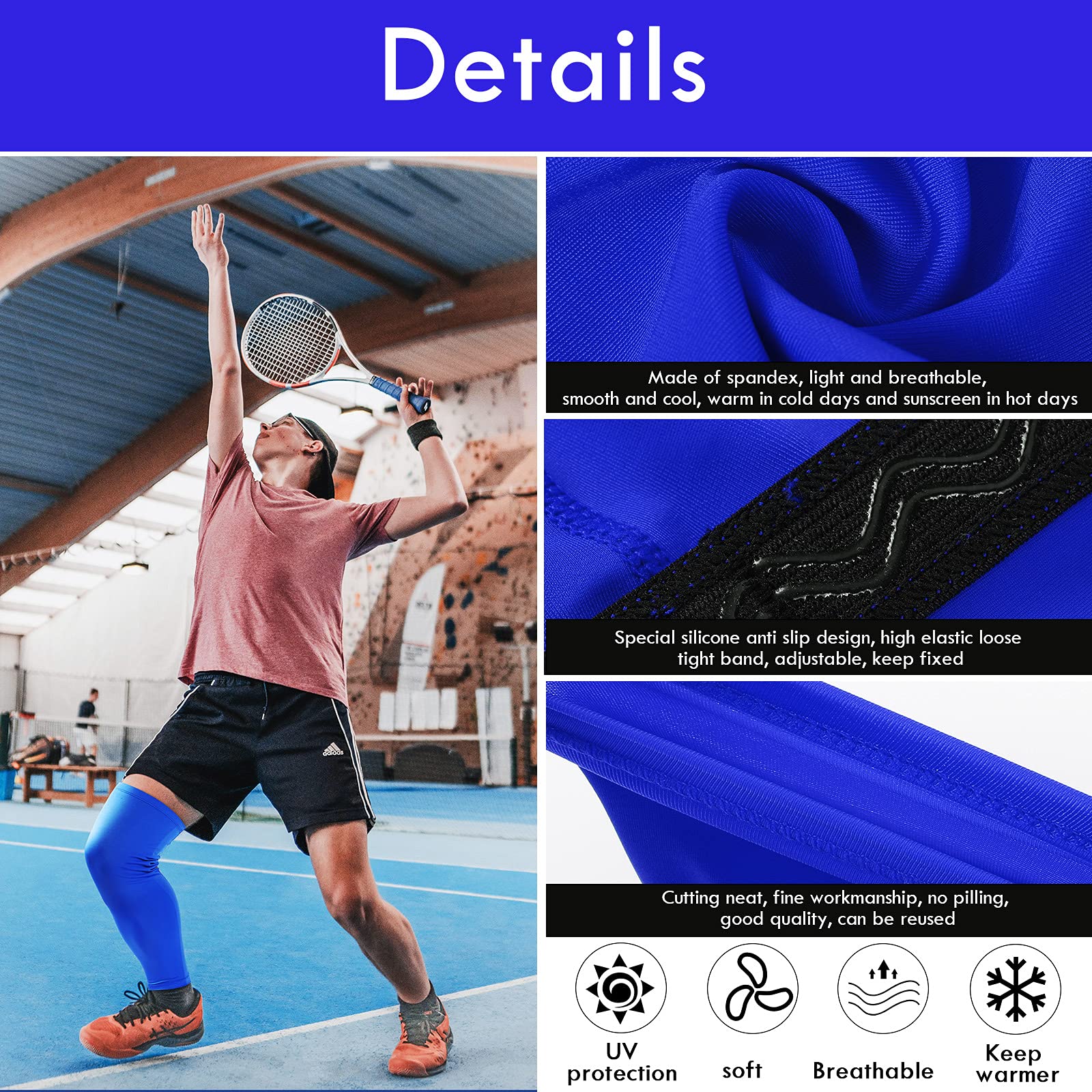 Leg Sleeves Compression Long Knee Sleeve UV Preserve for Men Women Sport Basketball Football (Black, White, Blue,6 Pieces)