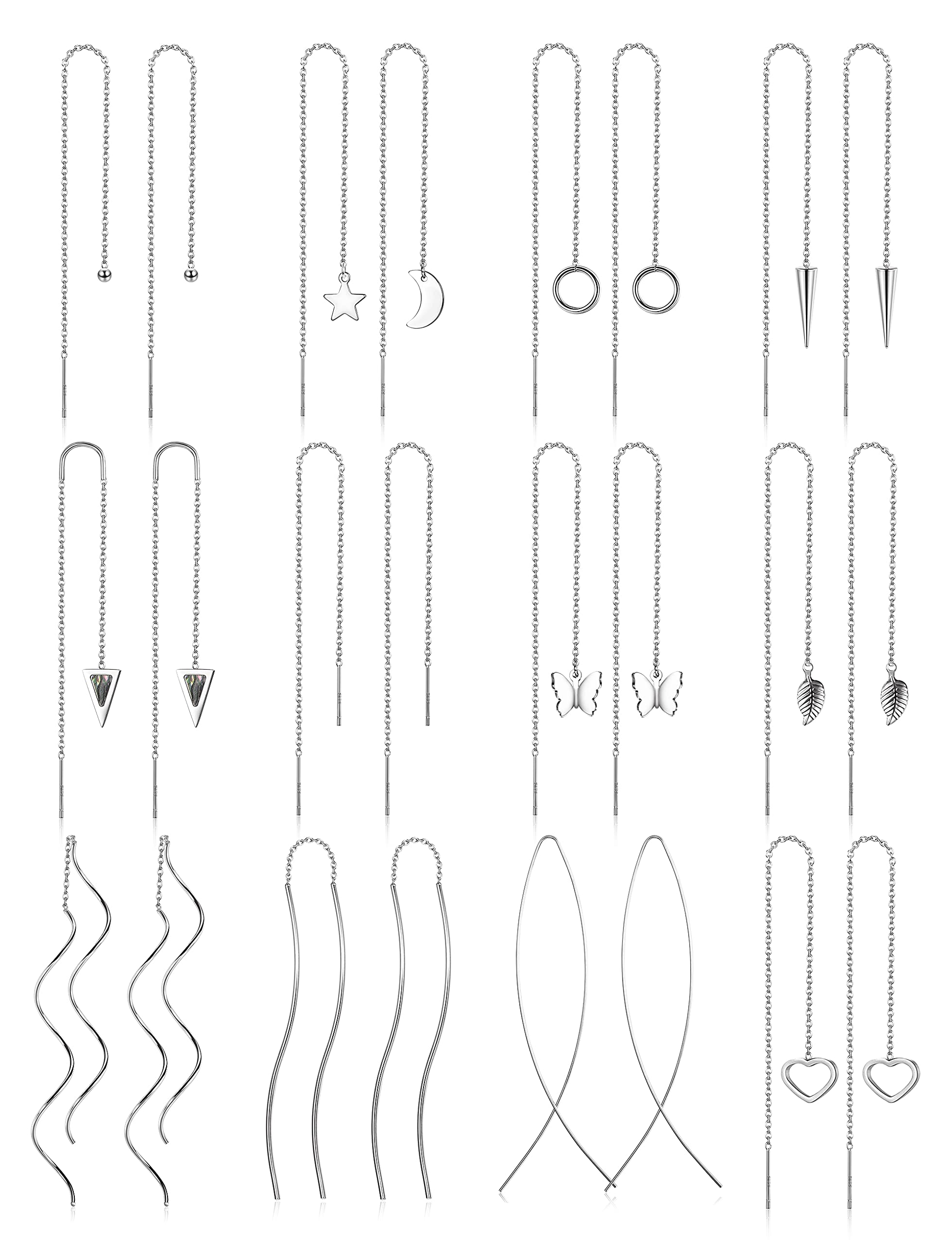 Drperfect 12Pairs Stainless Steel Threader Earrings for Women Chain Tassel Earrings Double Twist Wave Dangle Drop Chain Earrings Set