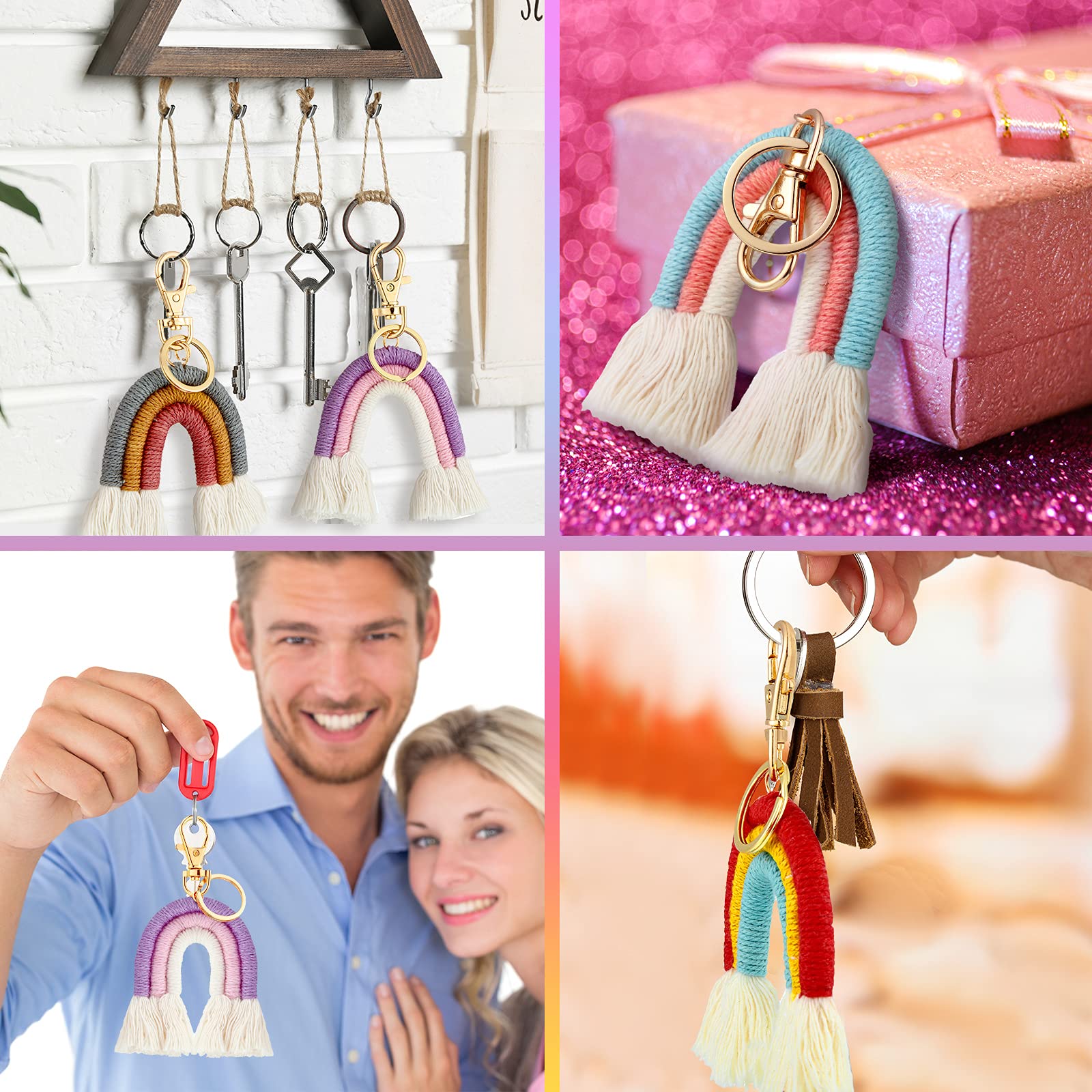 Jadive 5 Pieces Rainbow Macrame Keychain Weaving Rainbow Tassel Keychains Car Keyring Holder Jewelry for Women(Cute Colors)