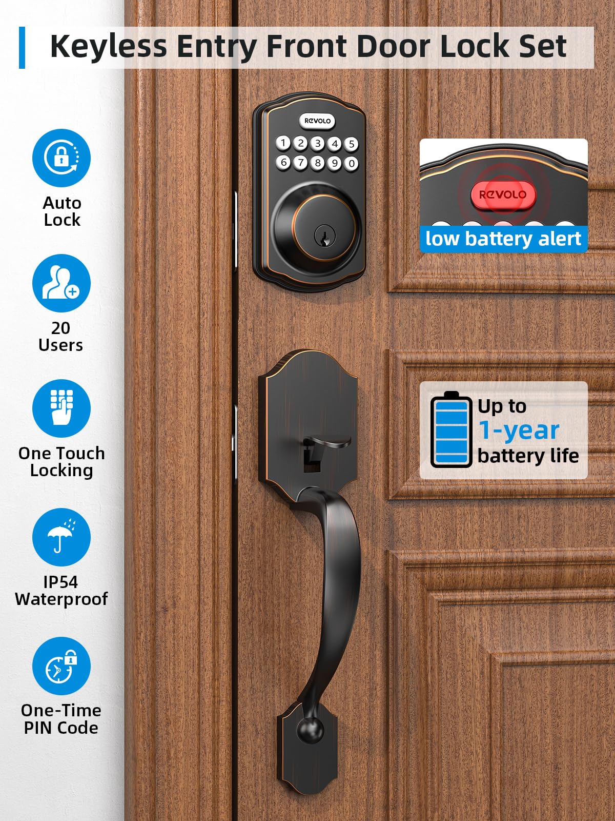 Revolo RE001 Electronic Keypad Deadbolt, Keyless Entry Door Lock, Keyed Entry, Auto Lock, Smart Lock with Handle, Front Door Handle Sets, Anti-Peeking Password, Oil-Rubbed Bronze