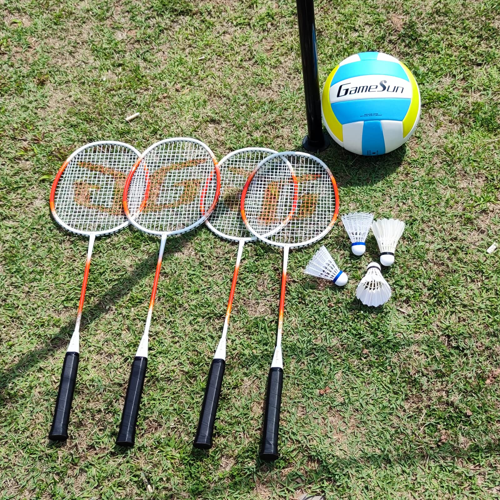 Volleyball Badminton Combo net Set for Backyard and Outdoor with Sleeve Net, 4 Pro Racquets, Nylon Carry Bag