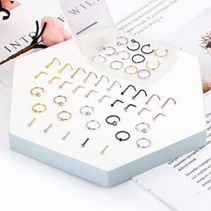 ONESING 55 Pcs 20G Nose Rings for Women Nose Rings Hoops Nose Piercing Jewelry CZ Nose Studs Screw L Shape Nose Bone Pin Stainless Steel Gold Body Piercing Jewelry