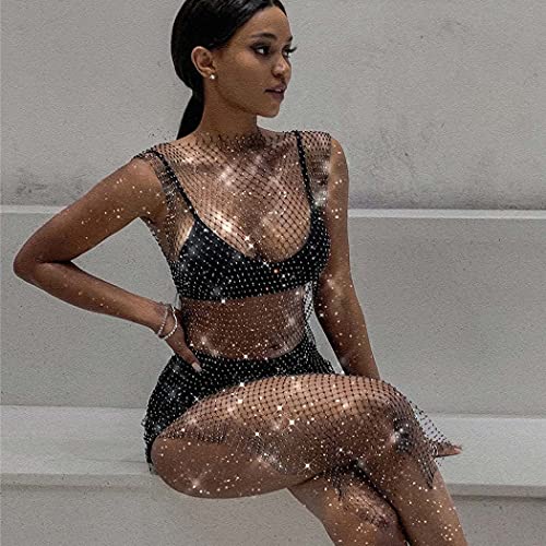 Graeen Rhinestone Mesh Body Chain Crystal Mesh Dress Fishnet Hollow Out Dress Sparkly See Through Coverups for Women (Black)