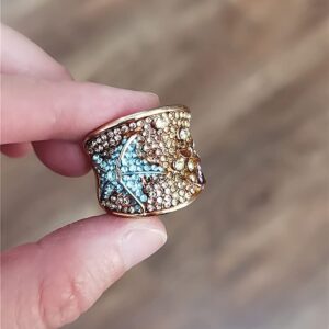 Ocean Starfish Statement Ring for Women Girls Wide Gold Vintage Blue Purple Crystal CZ Band Cocktail Party Rings Big Chunky Antique Exaggerated Jewelry Dainty Gift