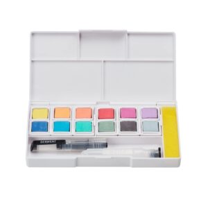 Derwent Pastel Shades Paint Set, Professional Quality Long Lasting Colors, Highly Pigmented Palette, Portable, Travel Set Includes 12 Paint Pans, Mini Waterbrush, Mixing Palettes, Sponge