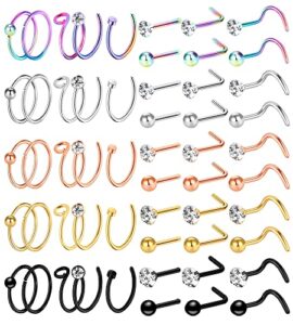 onesing 55 pcs 20g nose rings for women nose rings hoops nose piercing jewelry cz nose studs screw l shape nose bone pin stainless steel gold body piercing jewelry