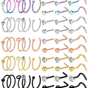 ONESING 55 Pcs 20G Nose Rings for Women Nose Rings Hoops Nose Piercing Jewelry CZ Nose Studs Screw L Shape Nose Bone Pin Stainless Steel Gold Body Piercing Jewelry