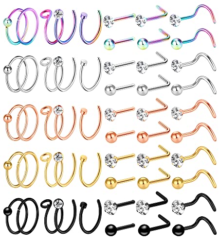 ONESING 55 Pcs 20G Nose Rings for Women Nose Rings Hoops Nose Piercing Jewelry CZ Nose Studs Screw L Shape Nose Bone Pin Stainless Steel Gold Body Piercing Jewelry