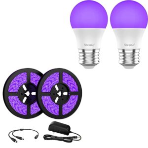 onforu 32.8ft led black light strip kit & black lights bulb 2 pack, 600 units lamp beads, 12v flexible blacklight fixtures, 10m led ribbon, a19 e26 bulb, 385-400nm