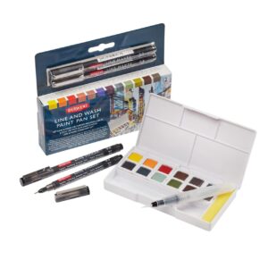 Derwent Line & Wash Paint Set, Professional Quality, Fine Line Pens, Inktense Colors, Art Supplies for Adults, Portable, Travel Set Includes 12 Paint Pans, 2 Line Makers, Mixing Palettes, Sponge