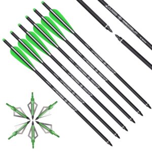 ELONG Crossbow Bolts 20 Inch Carbon 6 Pack with Hunting Broadheads 6 Pack, Crossbow Arrows for Hunting Outdoor Target Practice