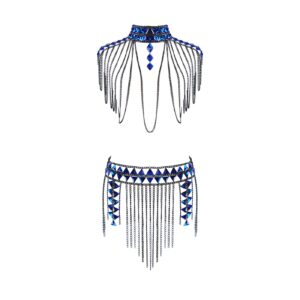 sinkcangwu boho jewelry set body chain suit tribal harness bra crop top necklace skirt for women summer beach party (black and blue)