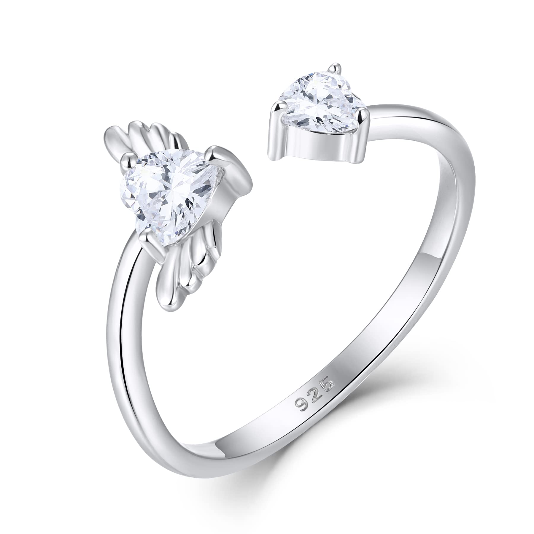 STARCHENIE Adjustable Heart Ring 925 Sterling Silver Open Angel Wings Ring for Women Size 5