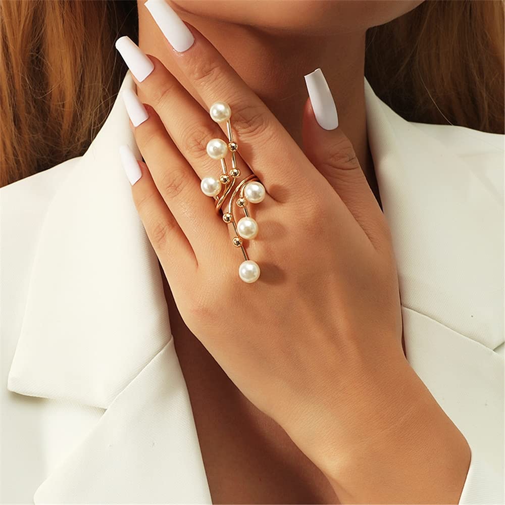 Big Branch Pearl Statement Ring for Women Gold Balls Faux Pearls Antique Expandable Layered Open Band Wrap Finger Rings Adjustable Comfort Fit Art Deco Exaggerated Jewelry